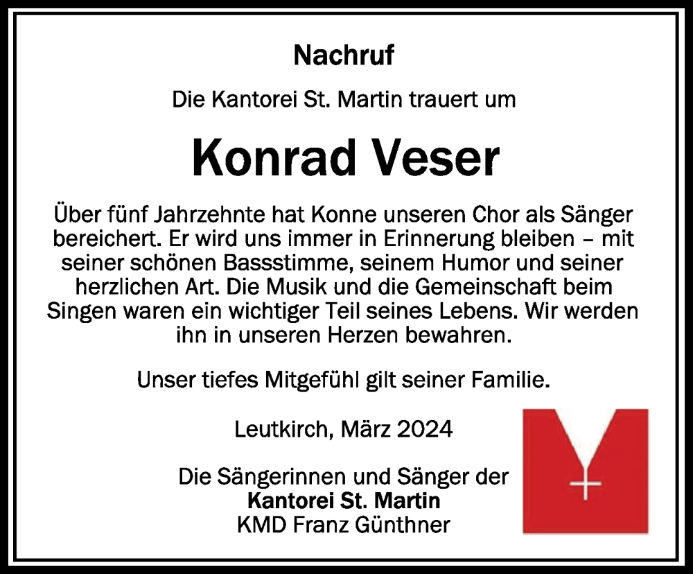  Traueranzeige für Konrad Veser vom 27.03.2024 aus Schwäbische Zeitung