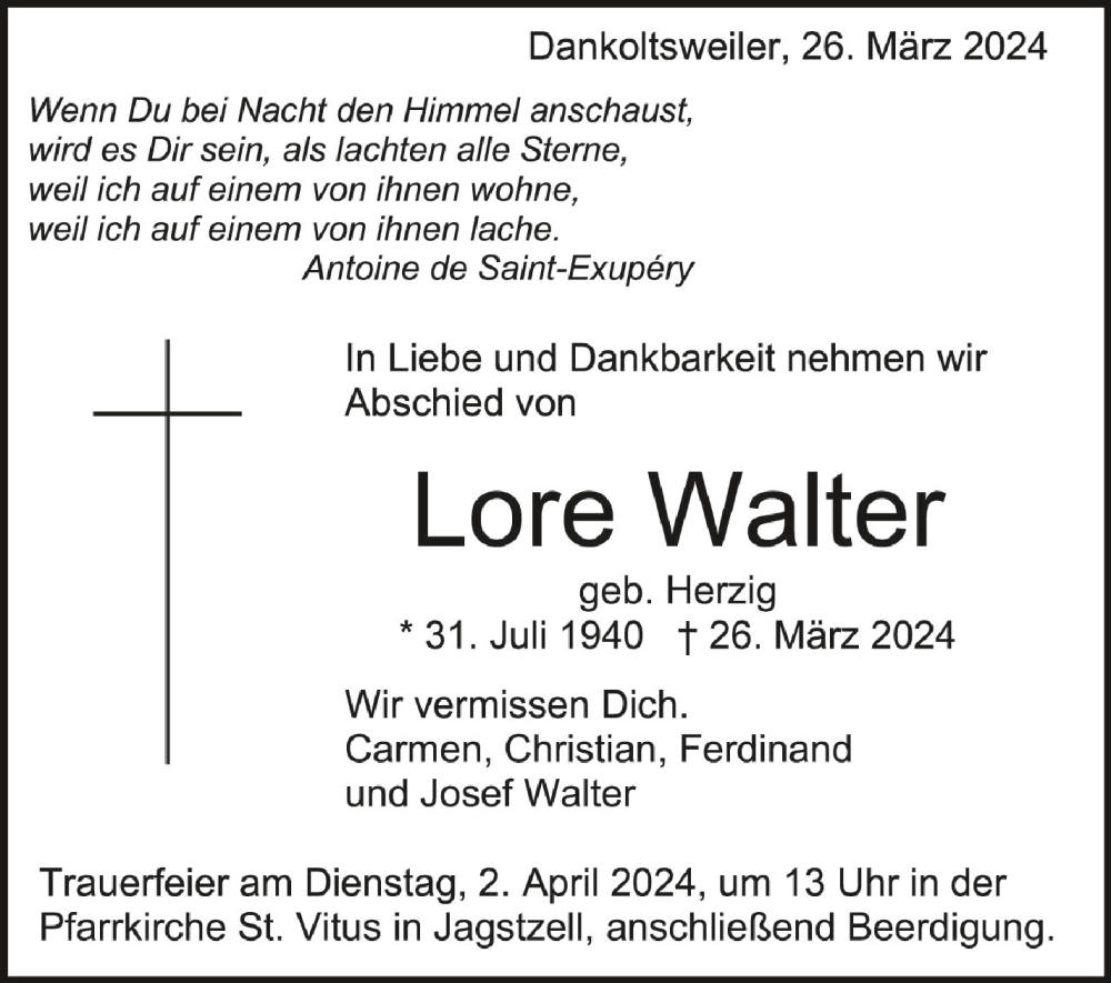  Traueranzeige für Lore Walter vom 28.03.2024 aus Schwäbische Zeitung