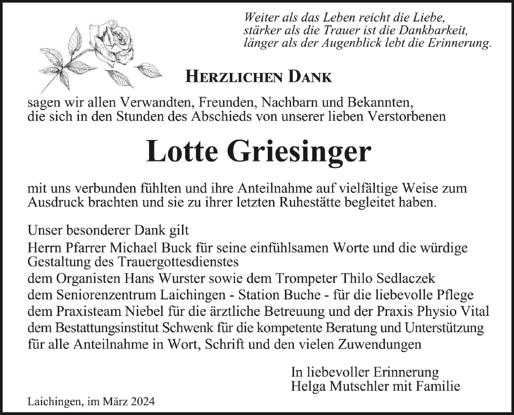  Traueranzeige für Lotte Griesinger vom 02.03.2024 aus Schwäbische Zeitung