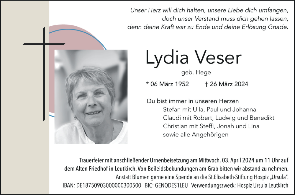  Traueranzeige für Lydia Veser vom 30.03.2024 aus Schwäbische Zeitung