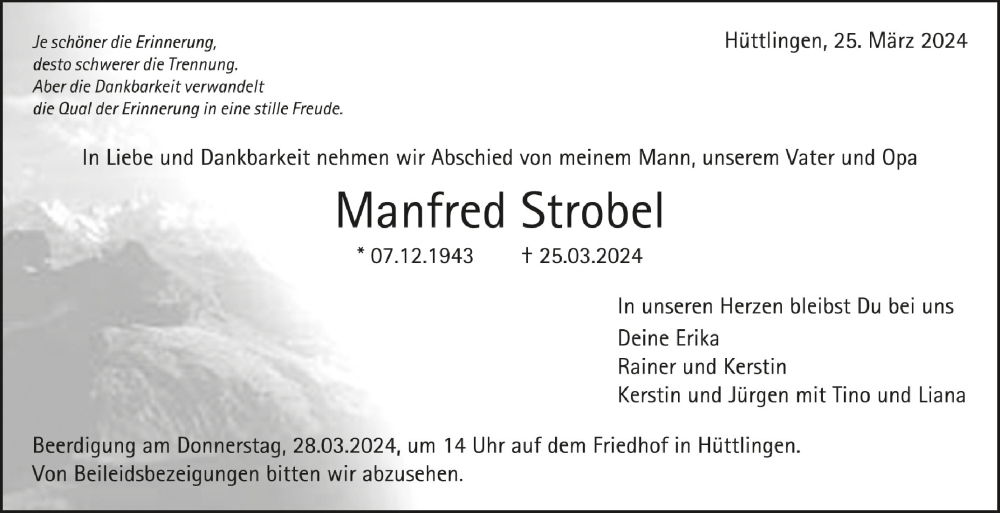  Traueranzeige für Manfred Strobel vom 27.03.2024 aus Schwäbische Zeitung