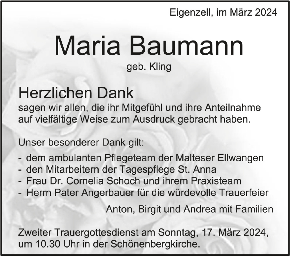 Traueranzeige für Maria Baumann vom 14.03.2024 aus Schwäbische Zeitung