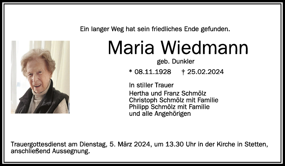 Traueranzeigen von Maria Wiedmann | schwaebische.de Trauerportal