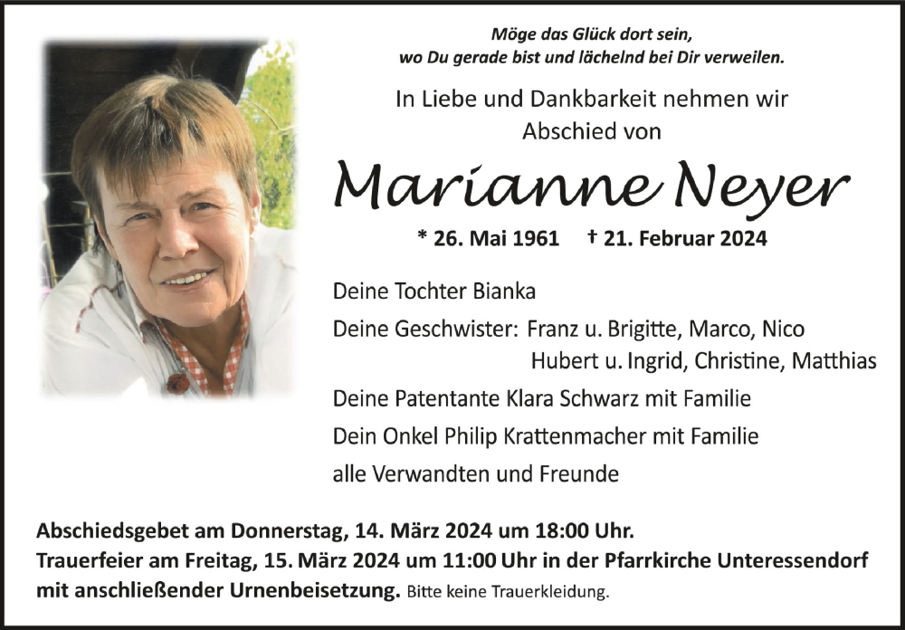  Traueranzeige für Marianne Neyer vom 09.03.2024 aus Schwäbische Zeitung