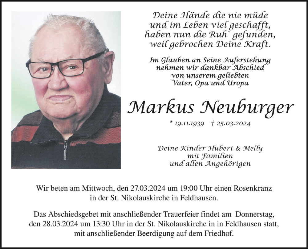  Traueranzeige für Markus Neuburger vom 27.03.2024 aus Schwäbische Zeitung