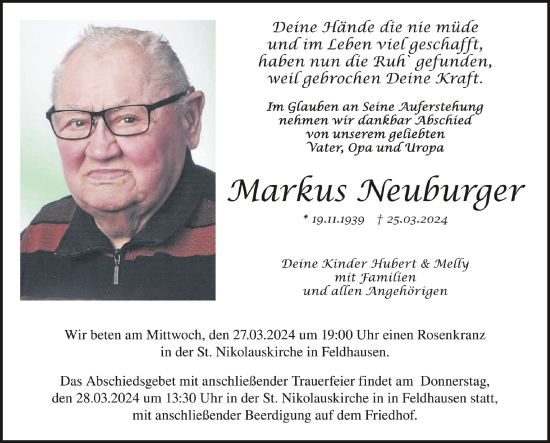 Anzeige von Markus Neuburger von Schwäbische Zeitung