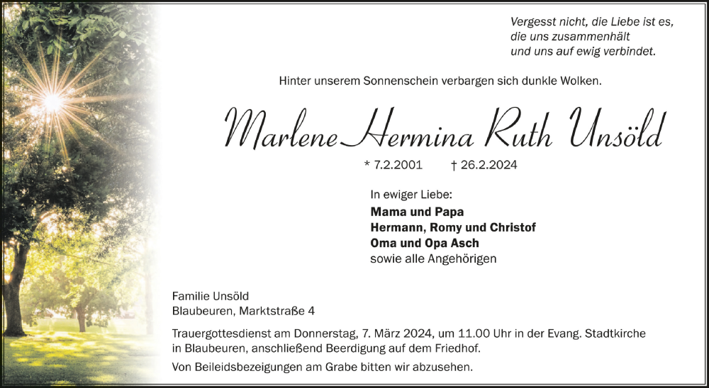  Traueranzeige für Marlene Hermina Ruth Unsöld vom 04.03.2024 aus Schwäbische Zeitung