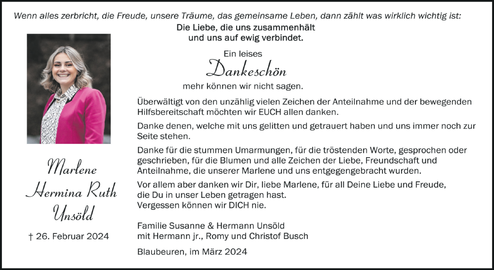  Traueranzeige für Marlene Hermina Ruth Unsöld vom 23.03.2024 aus Schwäbische Zeitung