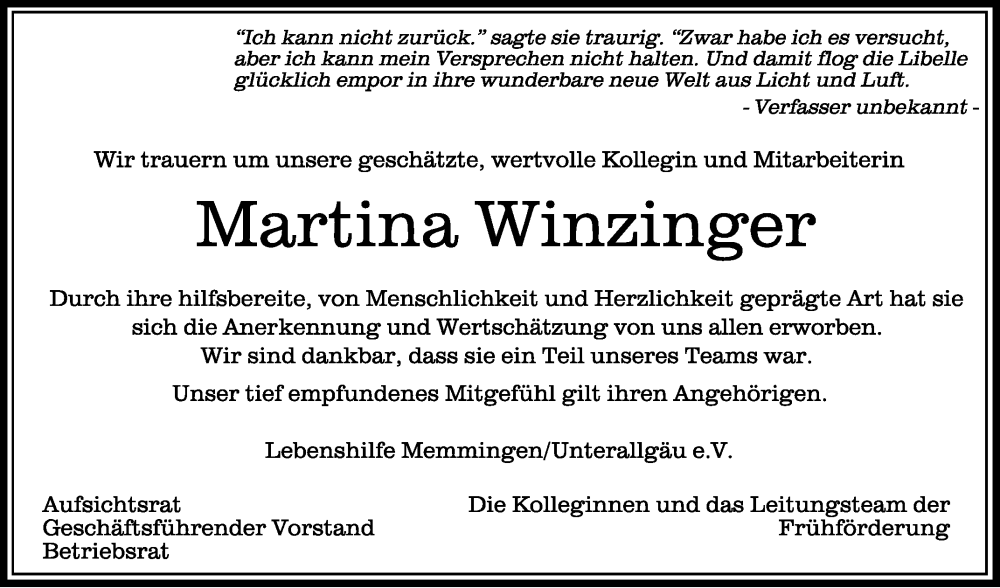  Traueranzeige für Martina Winzinger vom 26.03.2024 aus Schwäbische Zeitung