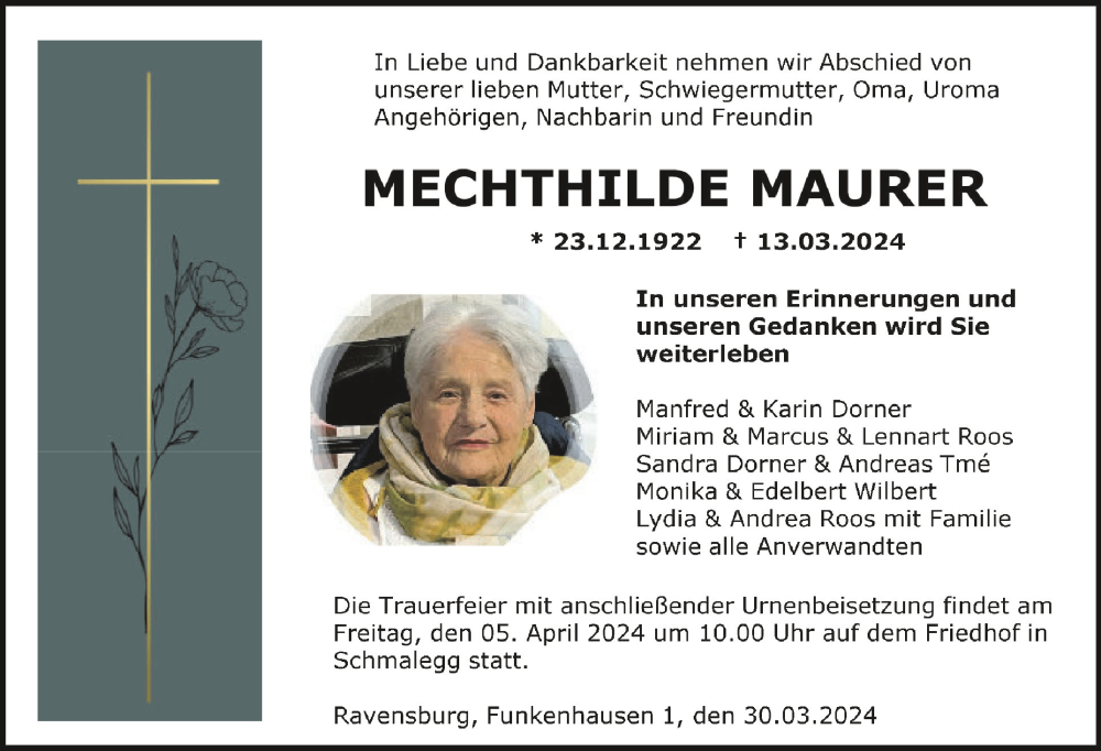  Traueranzeige für Mechthilde Maurer vom 30.03.2024 aus Schwäbische Zeitung