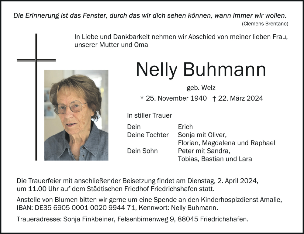  Traueranzeige für Nelly Buhmann vom 26.03.2024 aus Schwäbische Zeitung