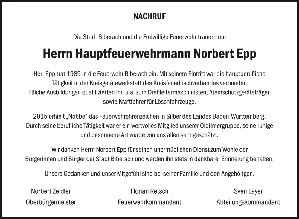  Traueranzeige für Norbert Epp vom 23.03.2024 aus Schwäbische Zeitung