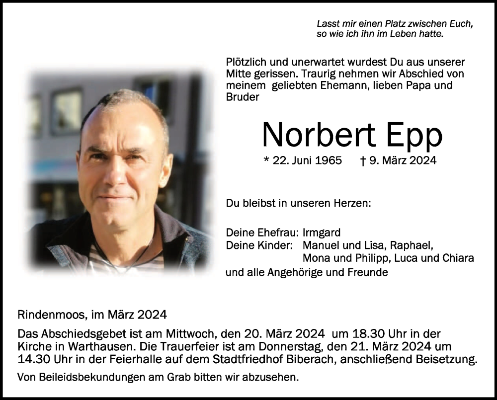  Traueranzeige für Norbert Epp vom 16.03.2024 aus Schwäbische Zeitung