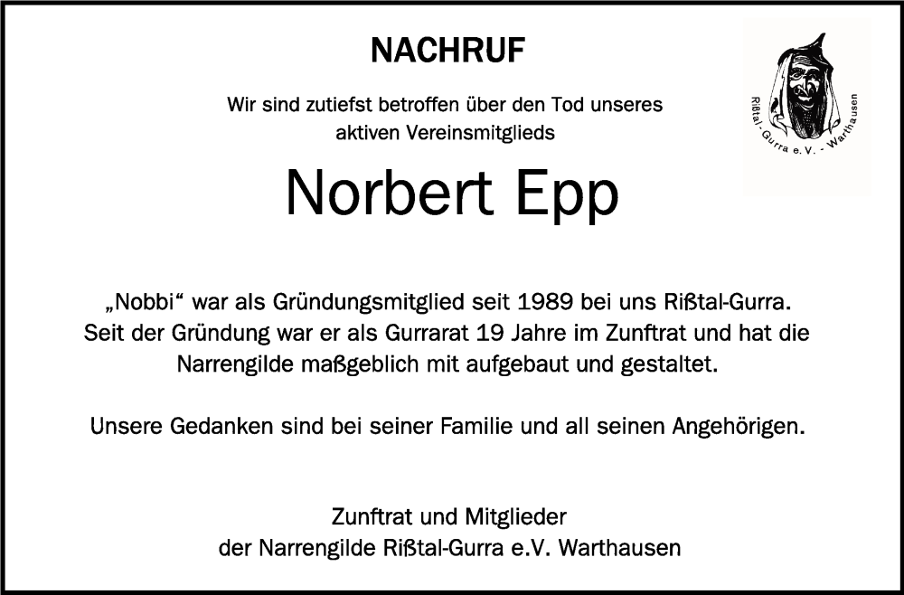  Traueranzeige für Norbert Epp vom 23.03.2024 aus Schwäbische Zeitung
