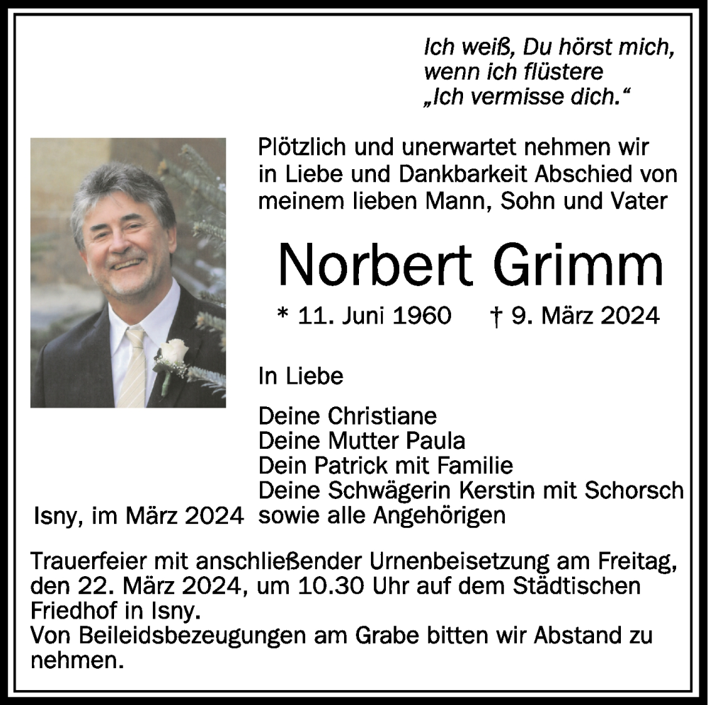  Traueranzeige für Norbert Grimm vom 20.03.2024 aus Schwäbische Zeitung