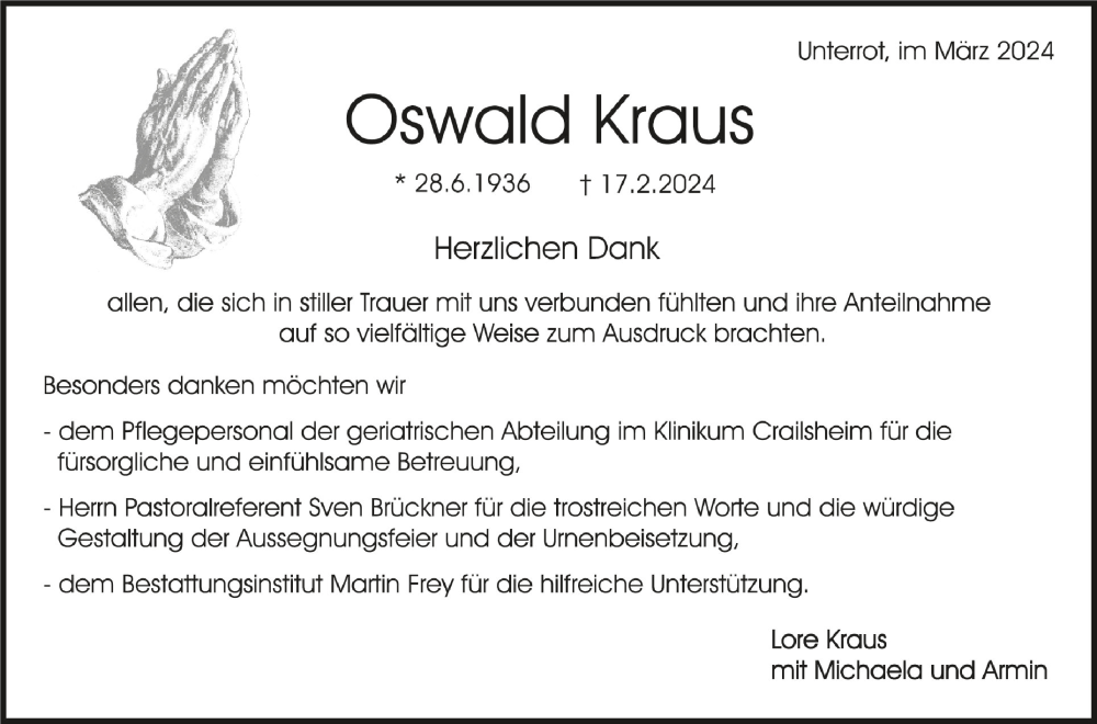  Traueranzeige für Oswald Kraus vom 16.03.2024 aus Schwäbische Zeitung