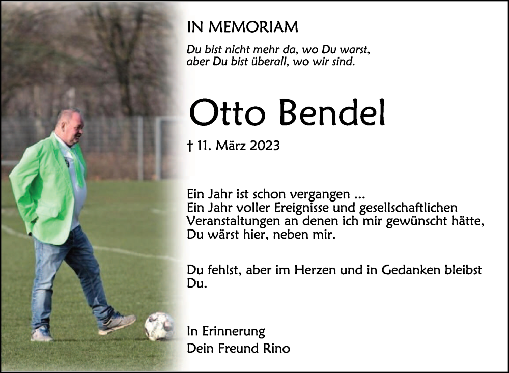  Traueranzeige für Otto Bendel vom 11.03.2024 aus Schwäbische Zeitung