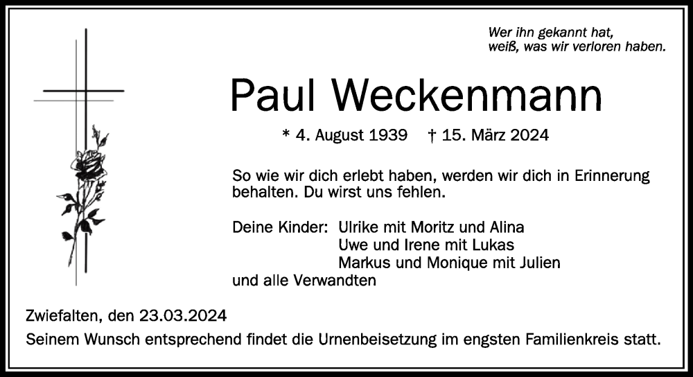  Traueranzeige für Paul Weckenmann vom 23.03.2024 aus Schwäbische Zeitung