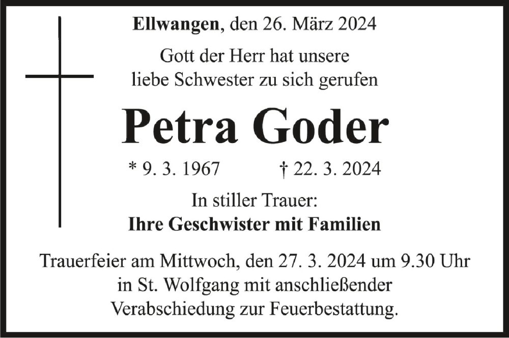  Traueranzeige für Petra Goder vom 26.03.2024 aus Schwäbische Zeitung