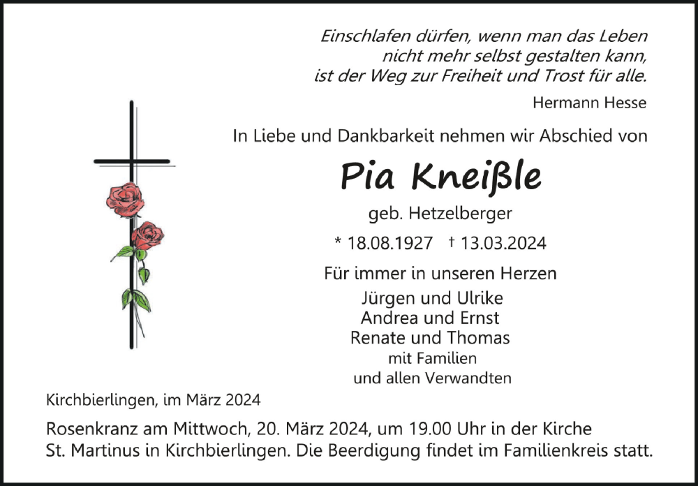  Traueranzeige für Pia Kneißle vom 19.03.2024 aus Schwäbische Zeitung