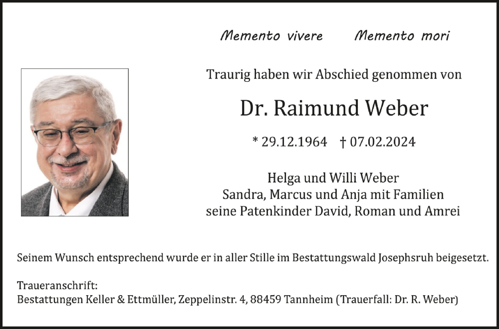  Traueranzeige für Raimund Weber vom 07.03.2024 aus Schwäbische Zeitung