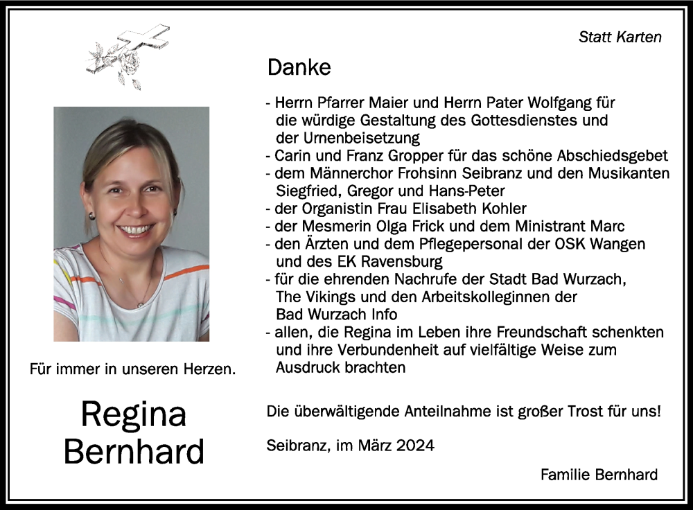  Traueranzeige für Regina Bernhard vom 02.03.2024 aus Schwäbische Zeitung