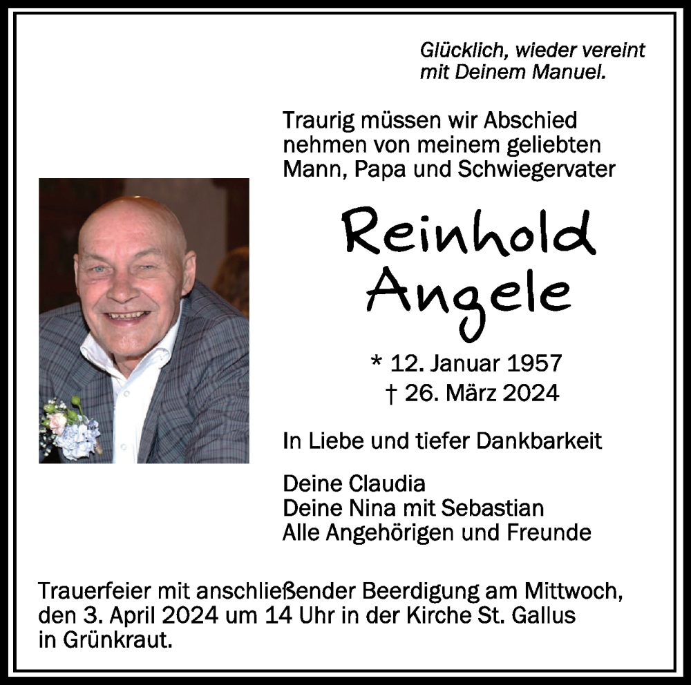  Traueranzeige für Reinhold Angele vom 30.03.2024 aus Schwäbische Zeitung
