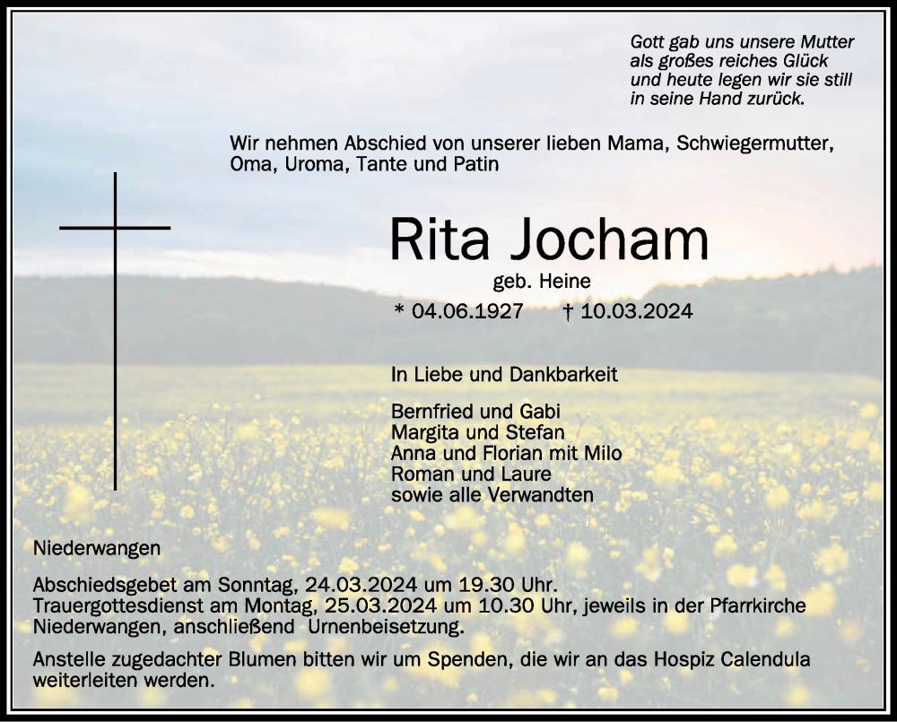  Traueranzeige für Rita Jocham vom 20.03.2024 aus Schwäbische Zeitung