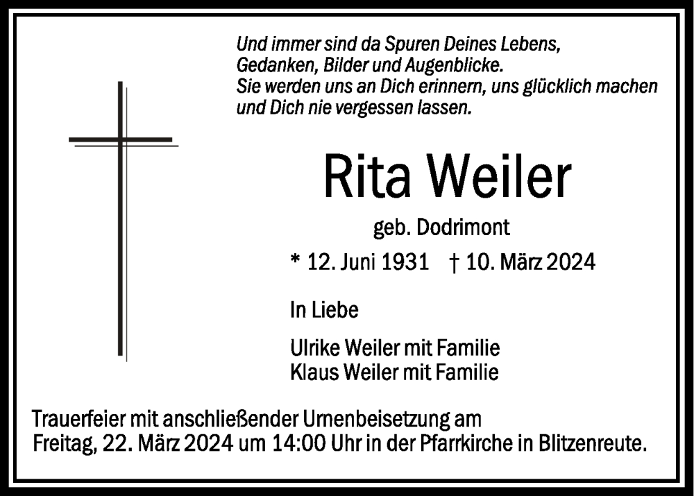  Traueranzeige für Rita Weiler vom 16.03.2024 aus Schwäbische Zeitung