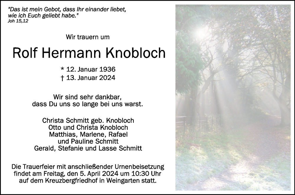  Traueranzeige für Rolf Hermann Knobloch vom 30.03.2024 aus Schwäbische Zeitung