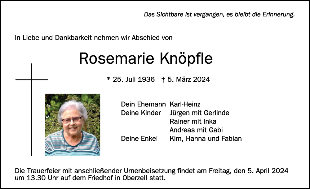  Traueranzeige für Rosemarie Knöpfle vom 30.03.2024 aus Schwäbische Zeitung