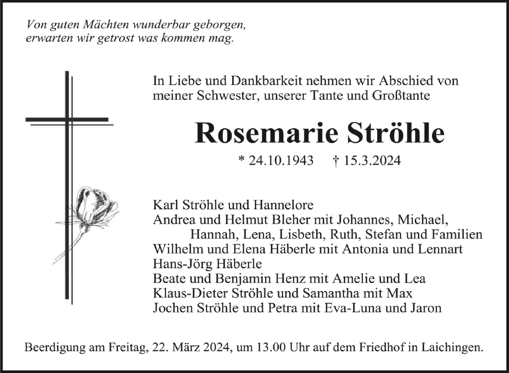  Traueranzeige für Rosemarie Ströhle vom 19.03.2024 aus Schwäbische Zeitung