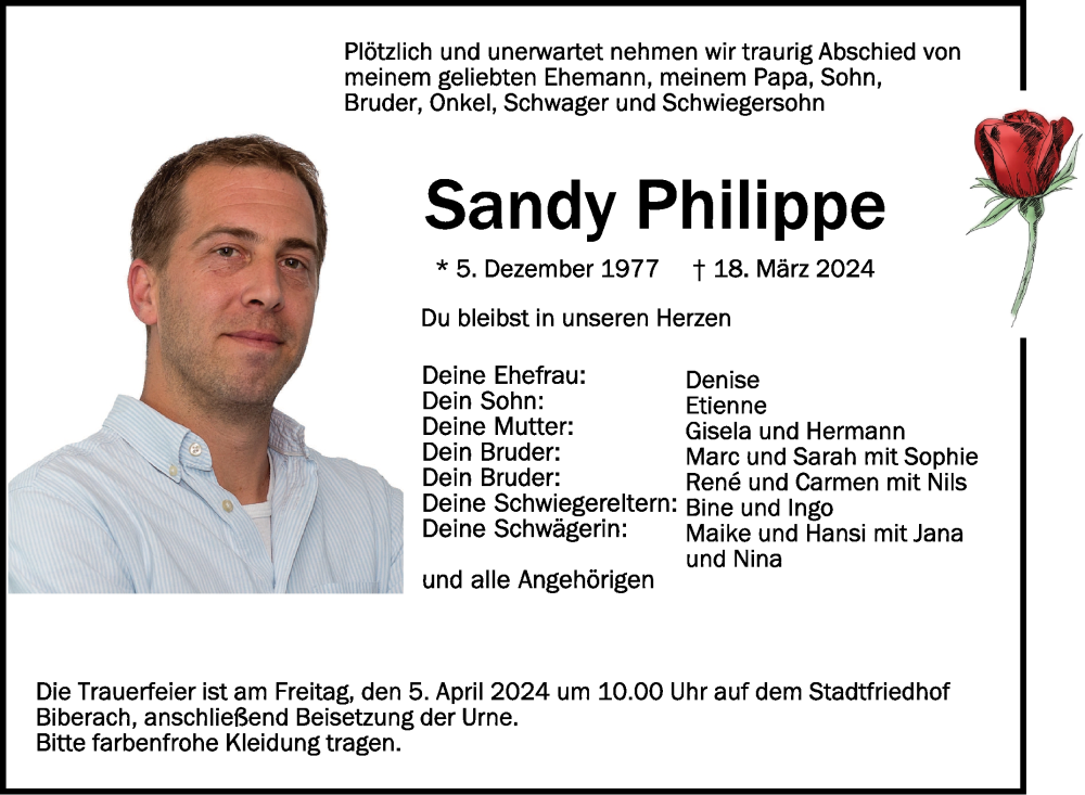 Traueranzeige für Sandy Philippe vom 30.03.2024 aus Schwäbische Zeitung