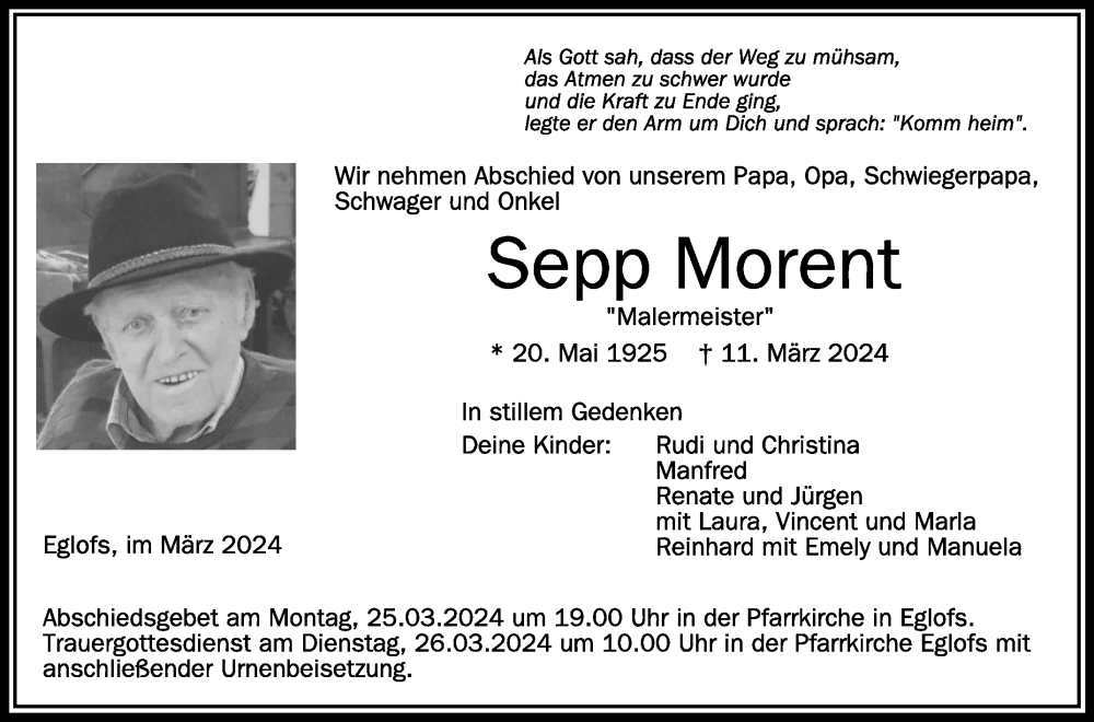  Traueranzeige für Sepp Morent vom 16.03.2024 aus Schwäbische Zeitung