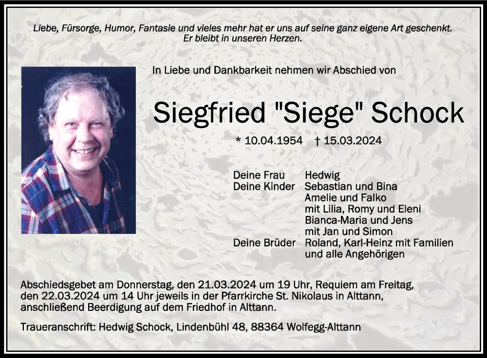  Traueranzeige für Siegfried Schock vom 20.03.2024 aus Schwäbische Zeitung