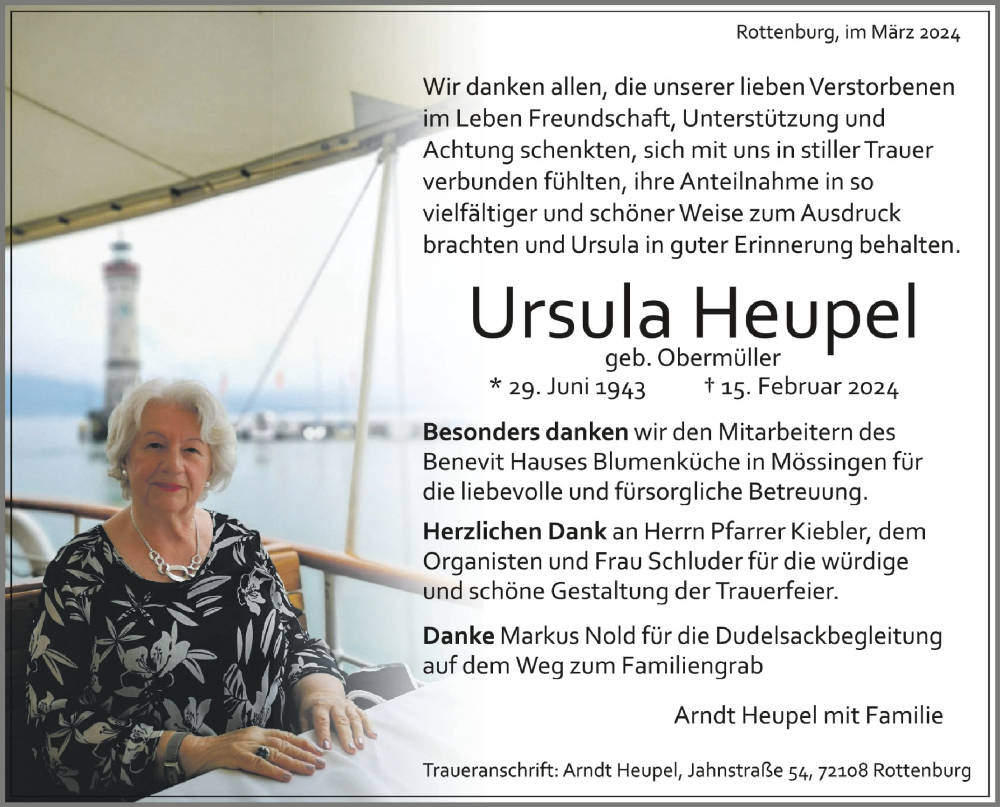  Traueranzeige für Ursula Heupel vom 28.03.2024 aus Schwäbische Zeitung