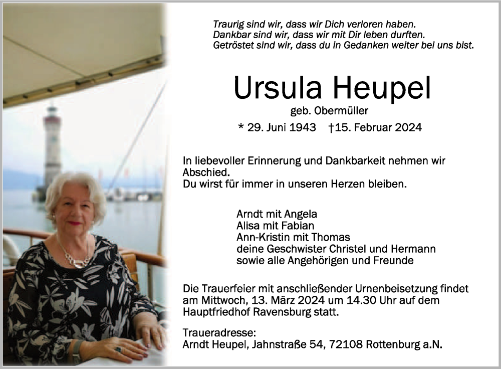  Traueranzeige für Ursula Heupel vom 09.03.2024 aus Schwäbische Zeitung