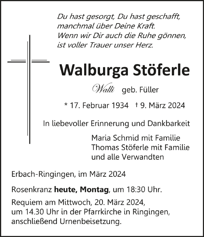  Traueranzeige für Walburga Stöferle vom 18.03.2024 aus Schwäbische Zeitung