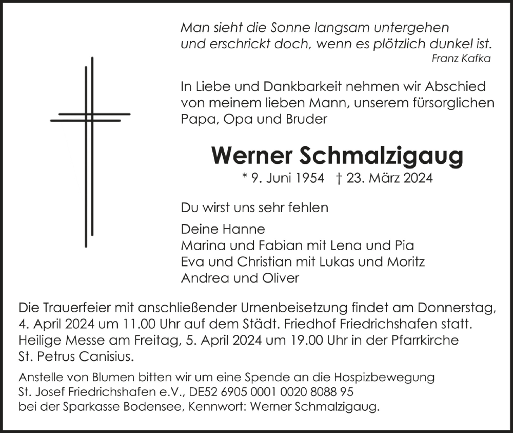  Traueranzeige für Werner Schmalzigaug vom 28.03.2024 aus Schwäbische Zeitung