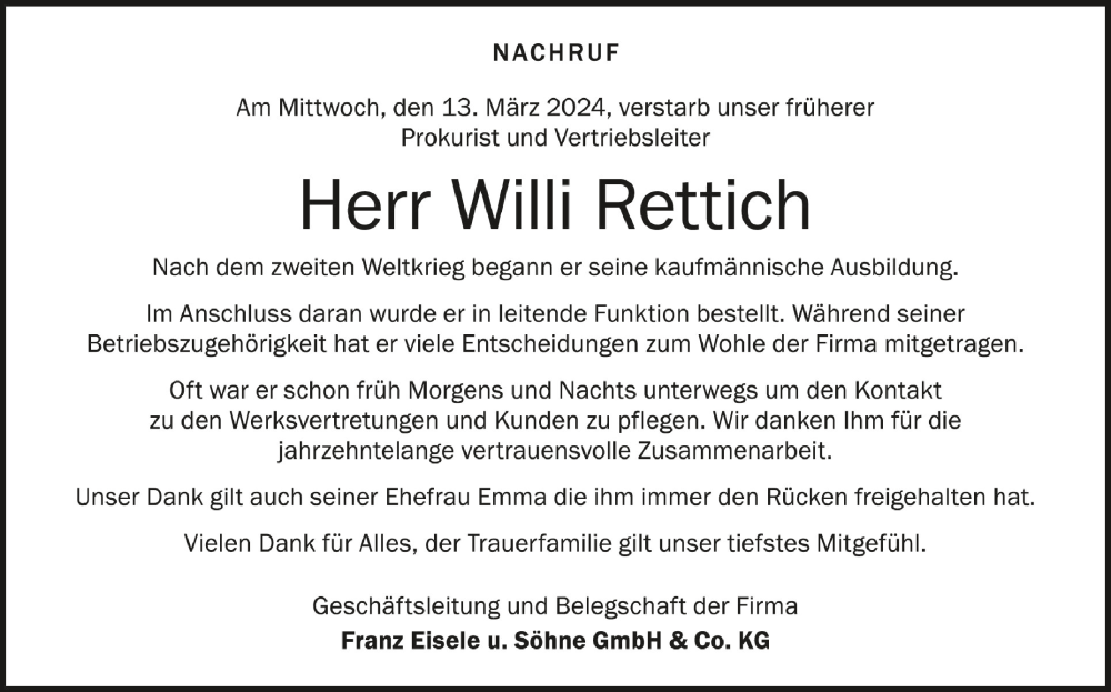  Traueranzeige für Willi Rettich vom 30.03.2024 aus Schwäbische Zeitung
