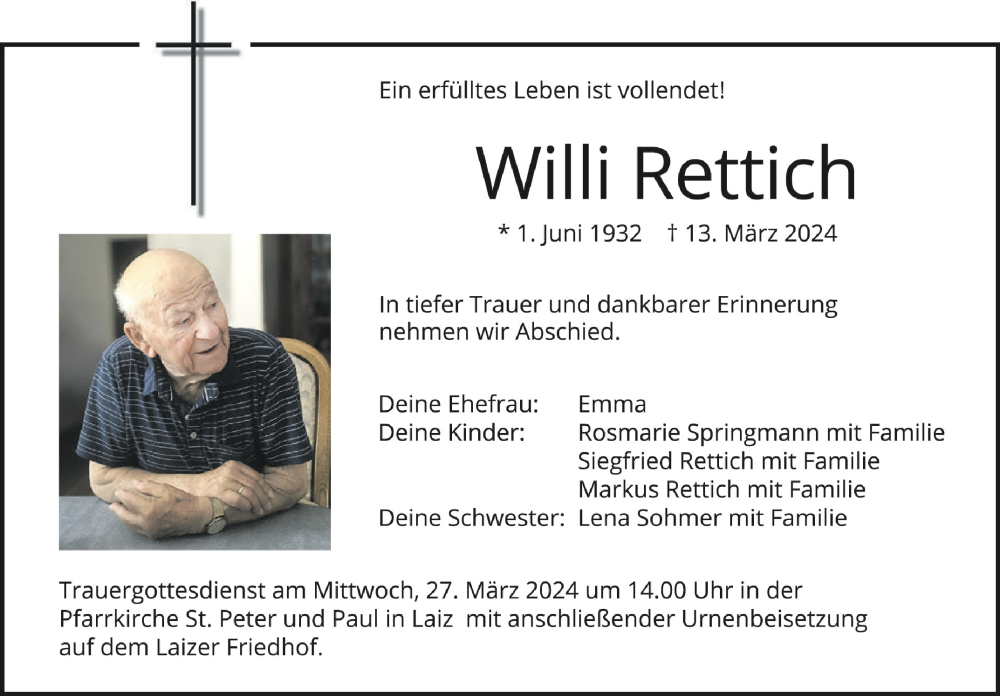  Traueranzeige für Willi Rettich vom 23.03.2024 aus Schwäbische Zeitung