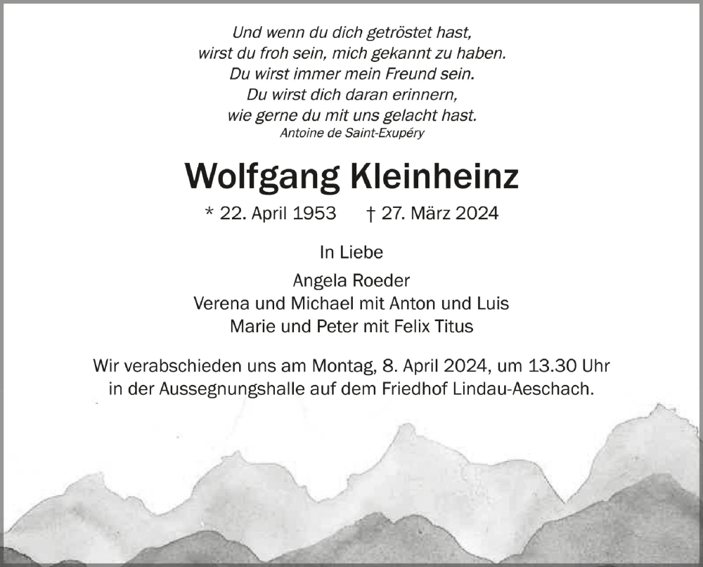  Traueranzeige für Wolfgang Kleinheinz vom 30.03.2024 aus Schwäbische Zeitung