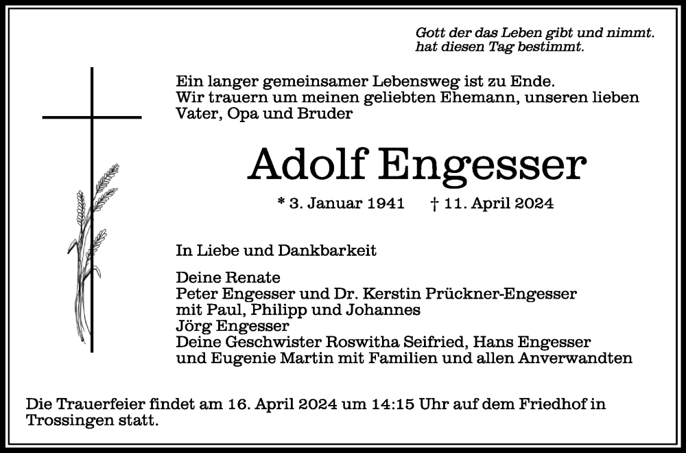  Traueranzeige für Adolf Engesser vom 13.04.2024 aus Schwäbische Zeitung