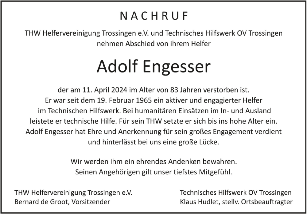  Traueranzeige für Adolf Engesser vom 20.04.2024 aus Schwäbische Zeitung
