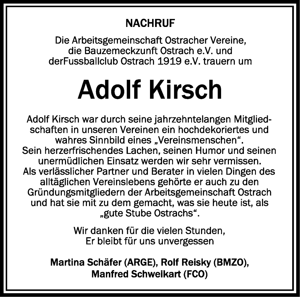  Traueranzeige für Adolf Kirsch vom 03.04.2024 aus Schwäbische Zeitung