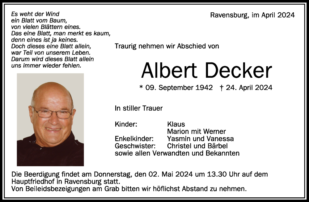 Traueranzeige für Albert Decker vom 27.04.2024 aus Schwäbische Zeitung