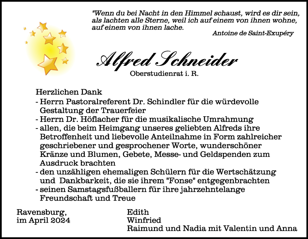  Traueranzeige für Alfred Schneider vom 20.04.2024 aus Schwäbische Zeitung