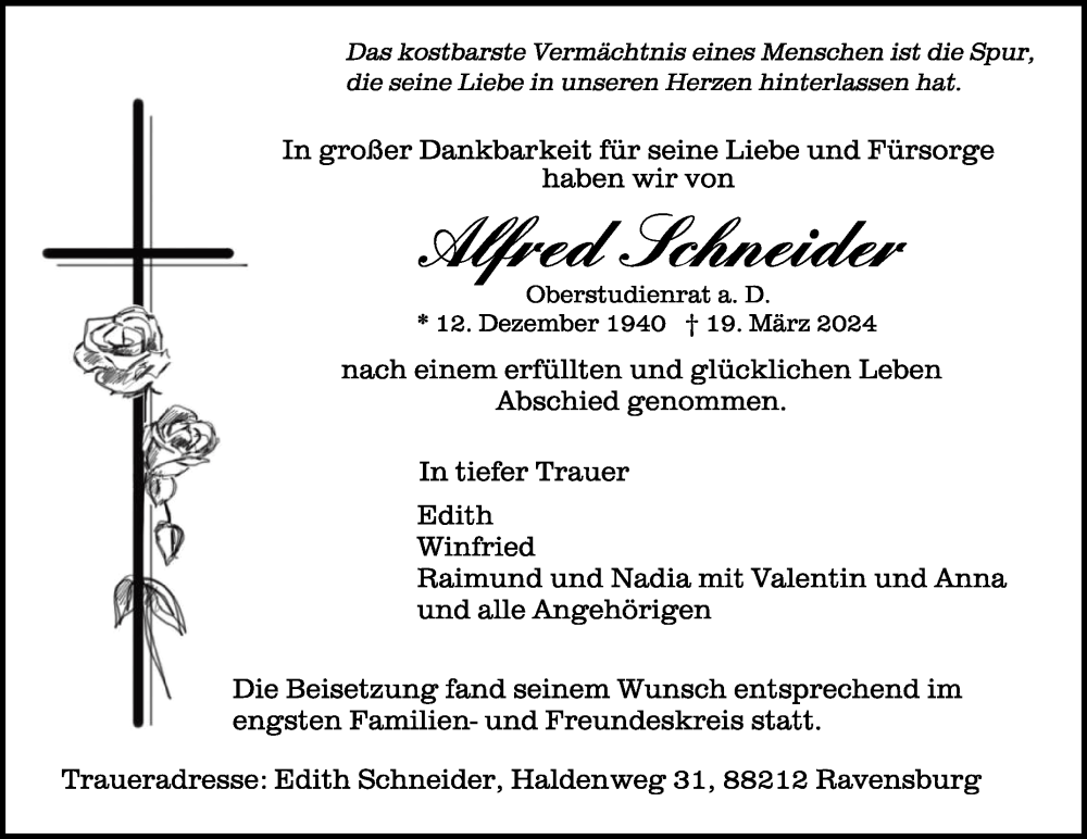  Traueranzeige für Alfred Schneider vom 06.04.2024 aus Schwäbische Zeitung