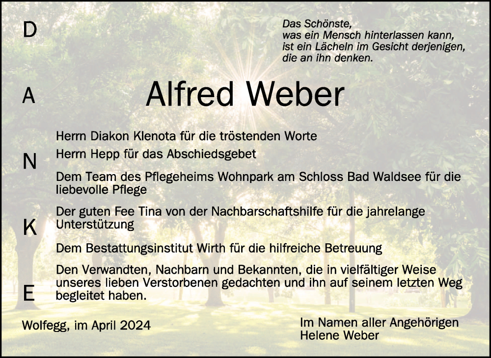  Traueranzeige für Alfred Weber vom 13.04.2024 aus Schwäbische Zeitung