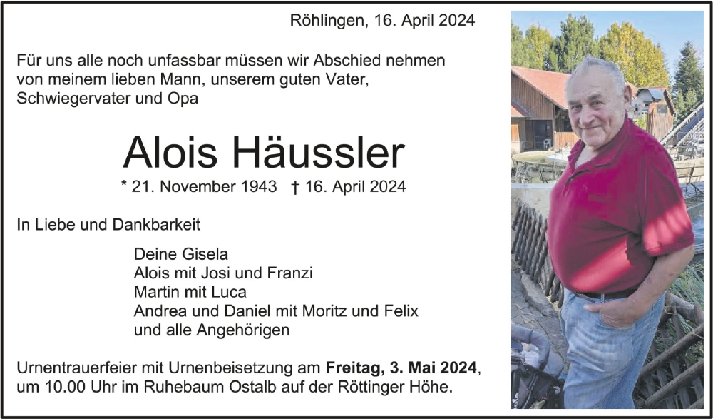 Traueranzeige für Alois Häussler vom 19.04.2024 aus Schwäbische Zeitung